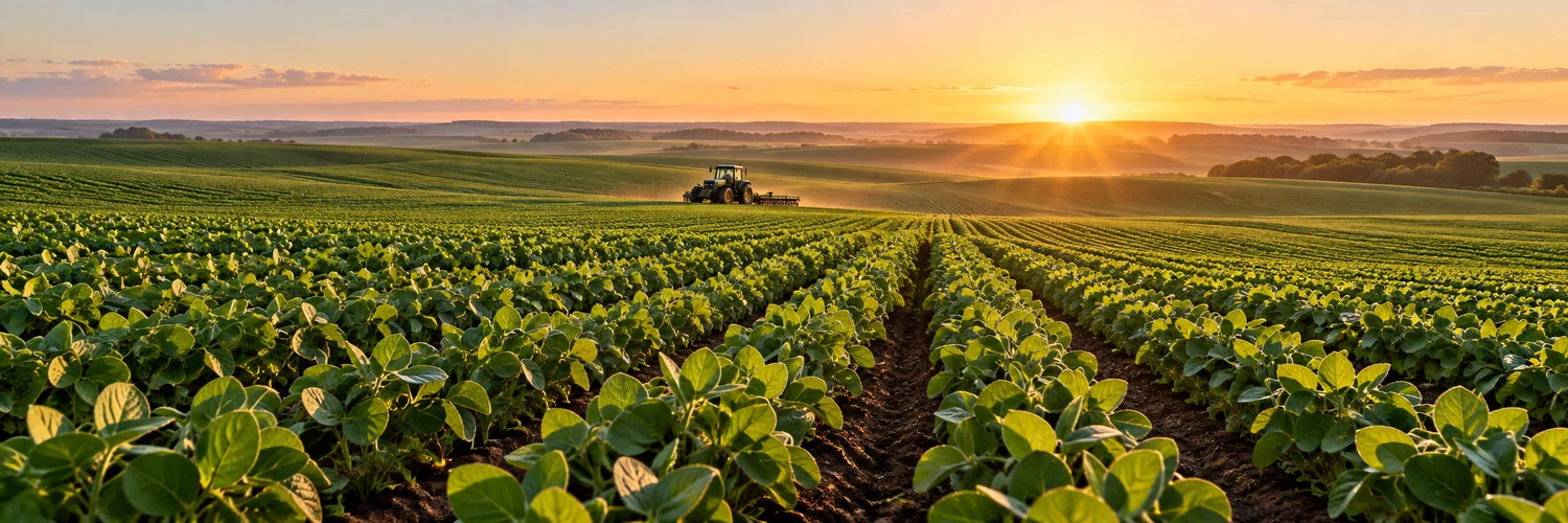 Imagem ilustrativa de fileiras de cultivo e um trator no campo ao amanhecer