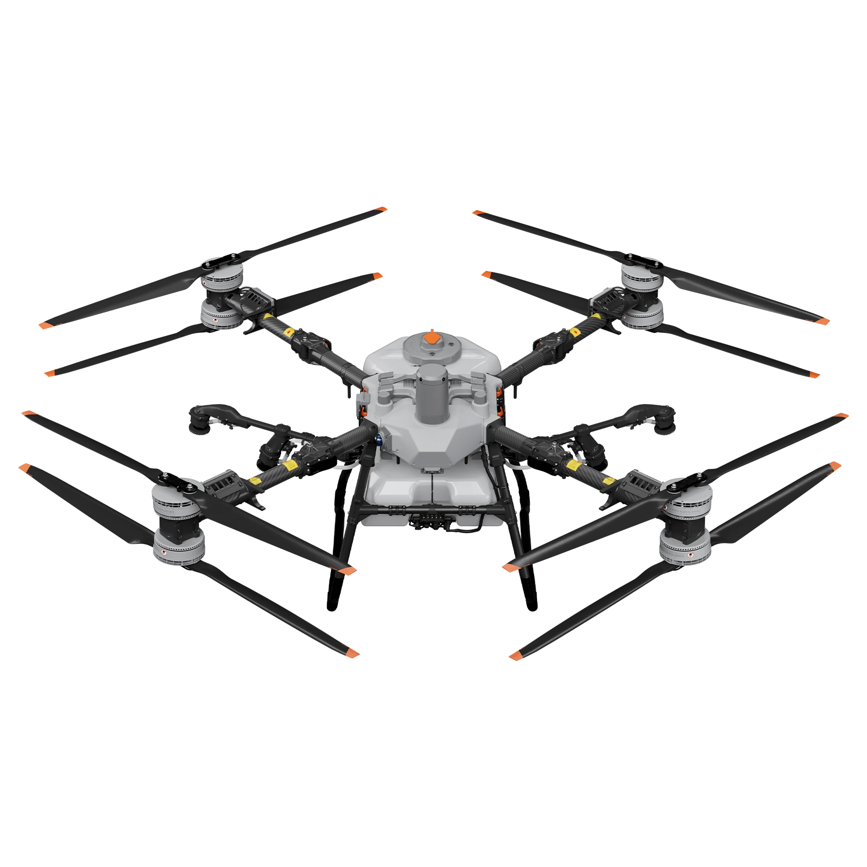 DJI Agras T100 sobre uma composição de lavoura e trator amarelo